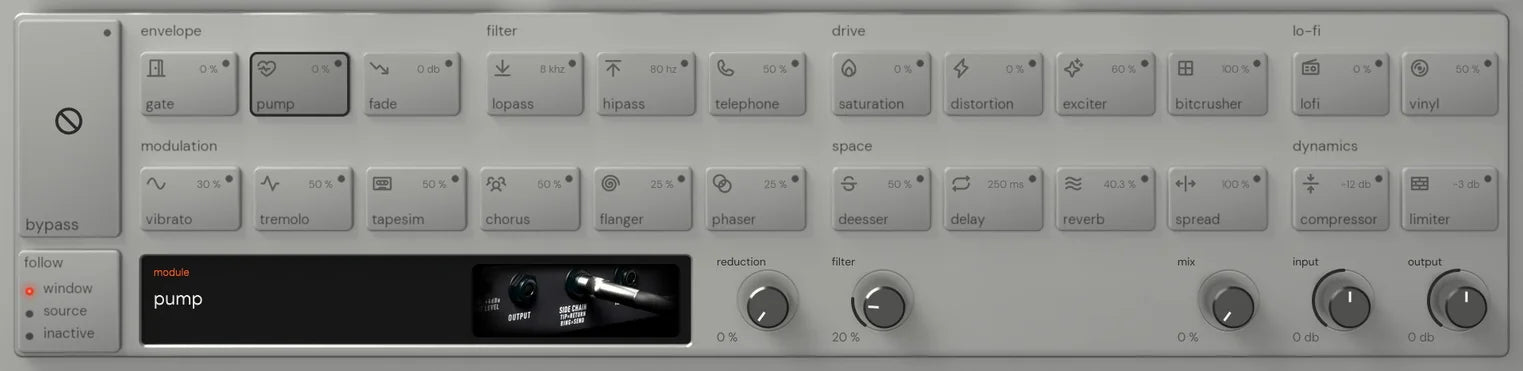 The Reverse King 3 rack on pump: the 24 named keys, and the module screen with its picture of the back of a rack compressor with a cable in its side-chain input beside the reduction and filter knobs