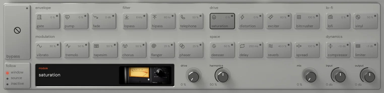 The Reverse King 3 rack on saturation: the 24 named keys, and the module screen with its picture of a tape machine’s electronics panel with a lit VU meter and record and reproduce controls beside the drive and harmonics knobs