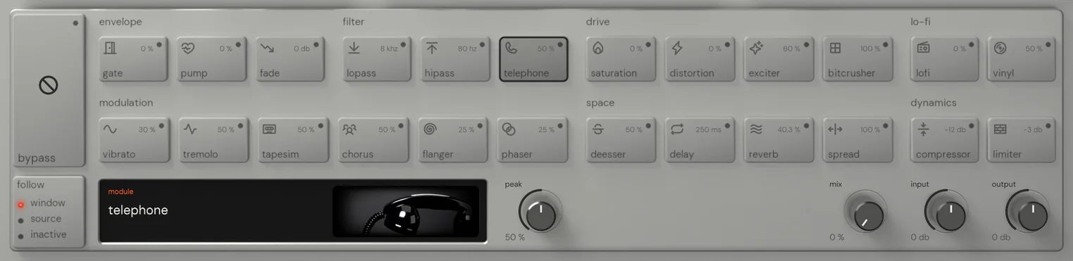 The Reverse King 3 rack on telephone: the 24 named keys, and the module screen with its picture of an old black telephone handset beside the peak knobs